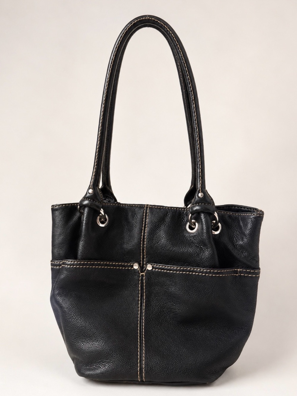 Tignanello Black Pebbled Leather Tote Shoulder Bag Silver Hardware